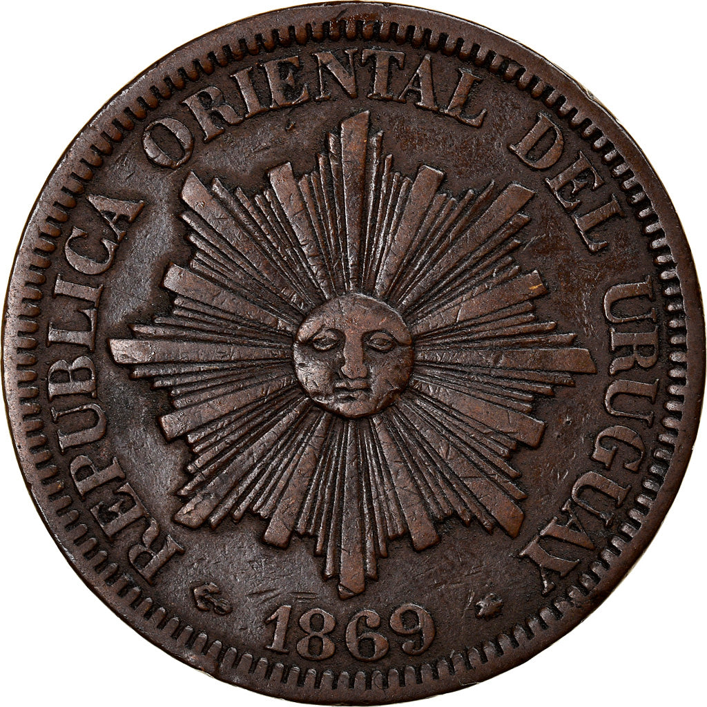 Coin, Uruguay, 4 Centesimos, 1869, Paris, VF(30-35), Bronze, KM:13
