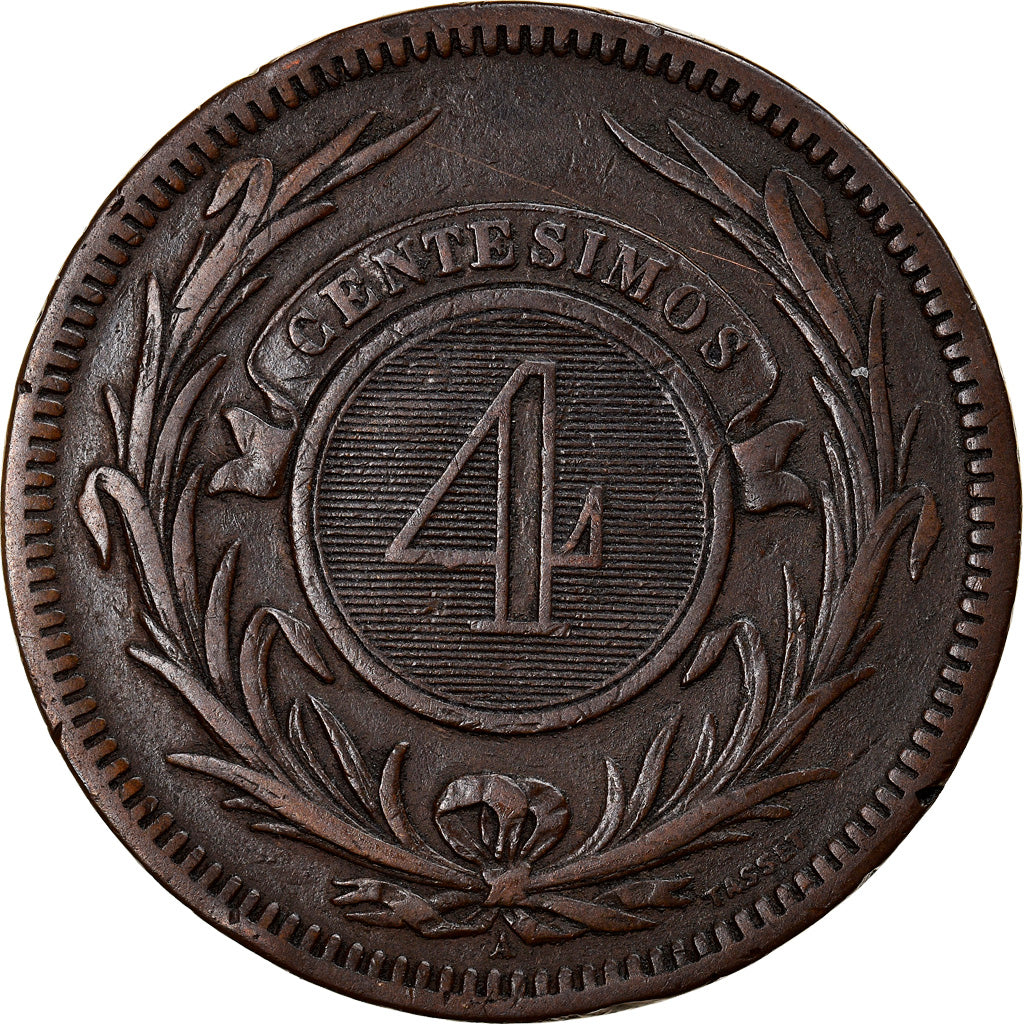 Coin, Uruguay, 4 Centesimos, 1869, Paris, VF(30-35), Bronze, KM:13