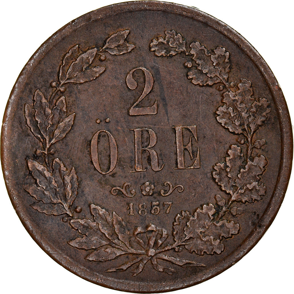 Coin, Sweden, Oscar I, 2 Öre, 1857, VF(30-35), Bronze, KM:688