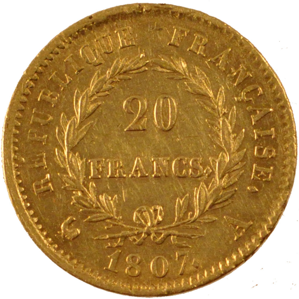 FRANCE, Napoléon I, 20 Francs, 1807, Paris, KM #A687.1, AU(50-53), Gold, Gadoury