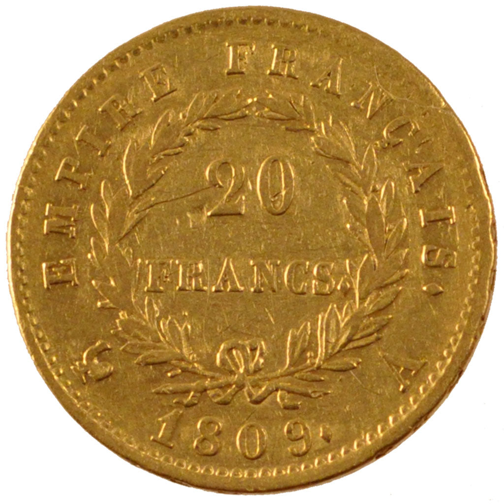 FRANCE, Napoléon I, 20 Francs, 1809, Paris, EF(40-45), Gold, Gadoury #1025, 6.00