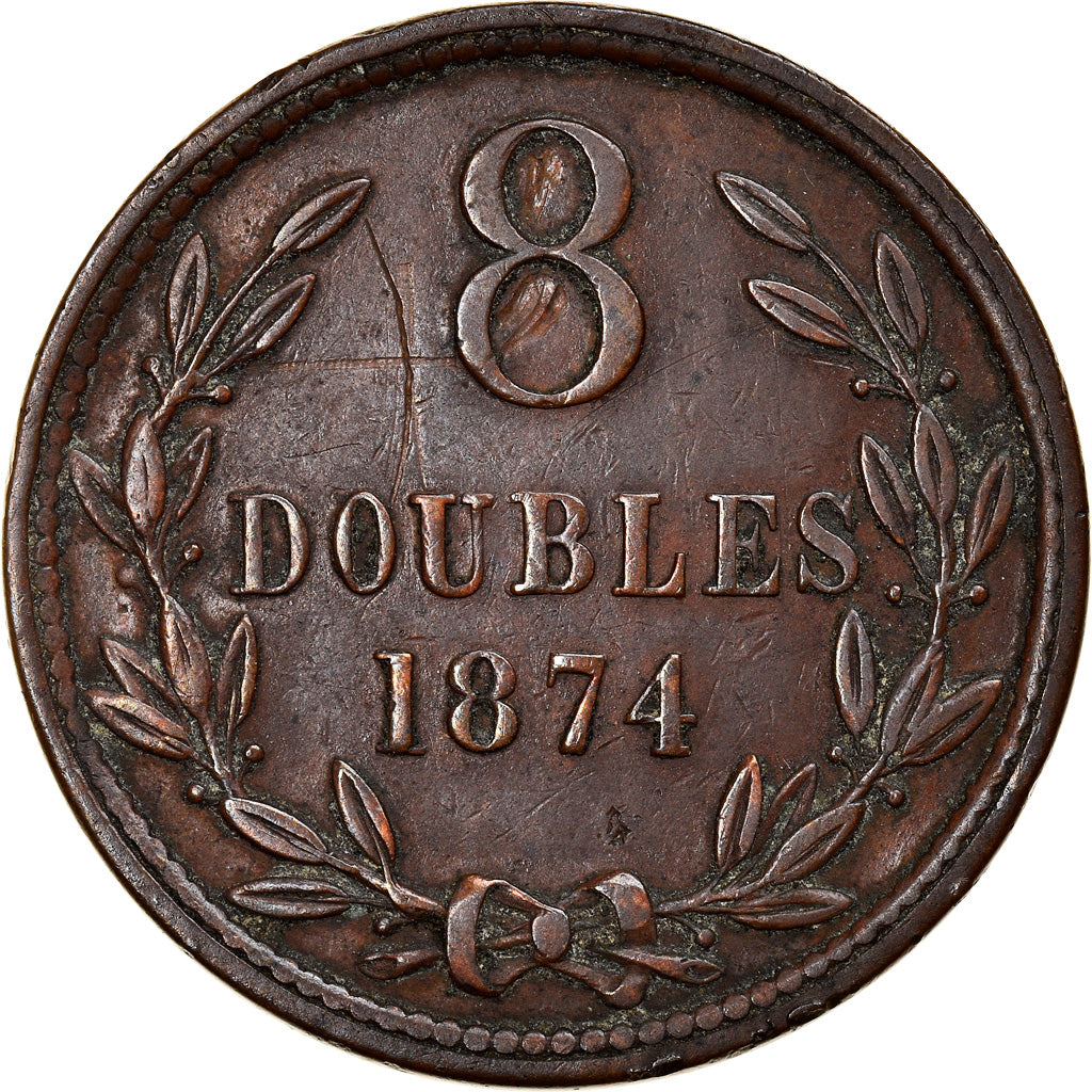 Coin, Guernsey, Victoria, 8 Doubles, 1874, Heaton, Birmingham, VF(20-25)
