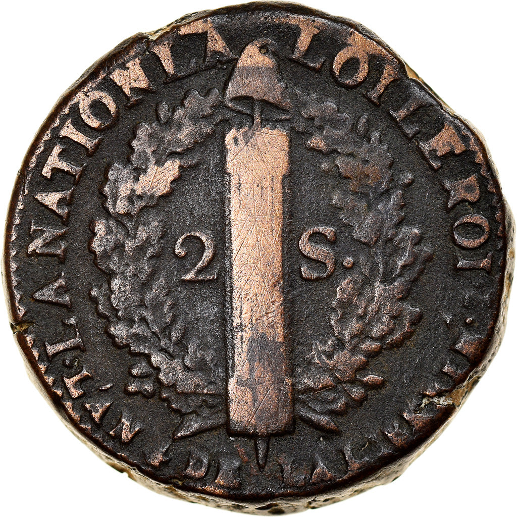Coin, France, Louis XVI, 2 sols françois, 2 Sols, 1792, Pau, VG(8-10), Bronze