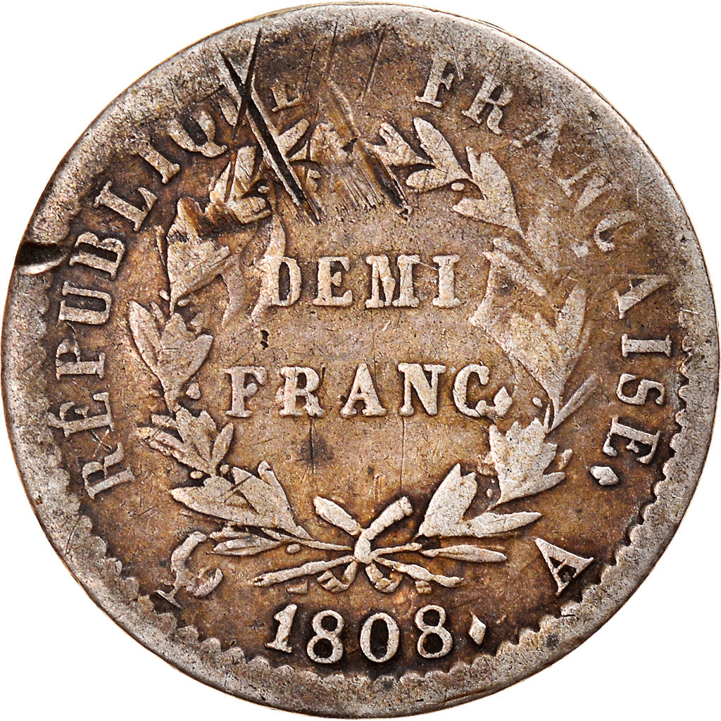 Münze, Frankreich, Napoléon I, 1/2 Franc, 1808, Paris, SGE+, Silber, KM:680.1