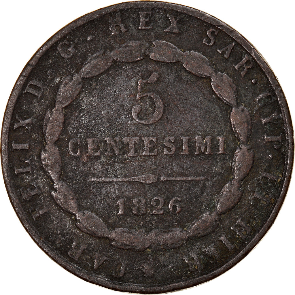 Moneta, DEPARTAMENTY WŁOSKIE, SARDINIA, Carlo Felice, 5 Centesimi, 1826