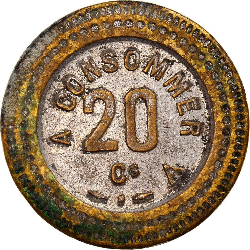 France, 20 Centimes, Jeton à consommer, Bussoz Paris, TB, Laiton nickelé