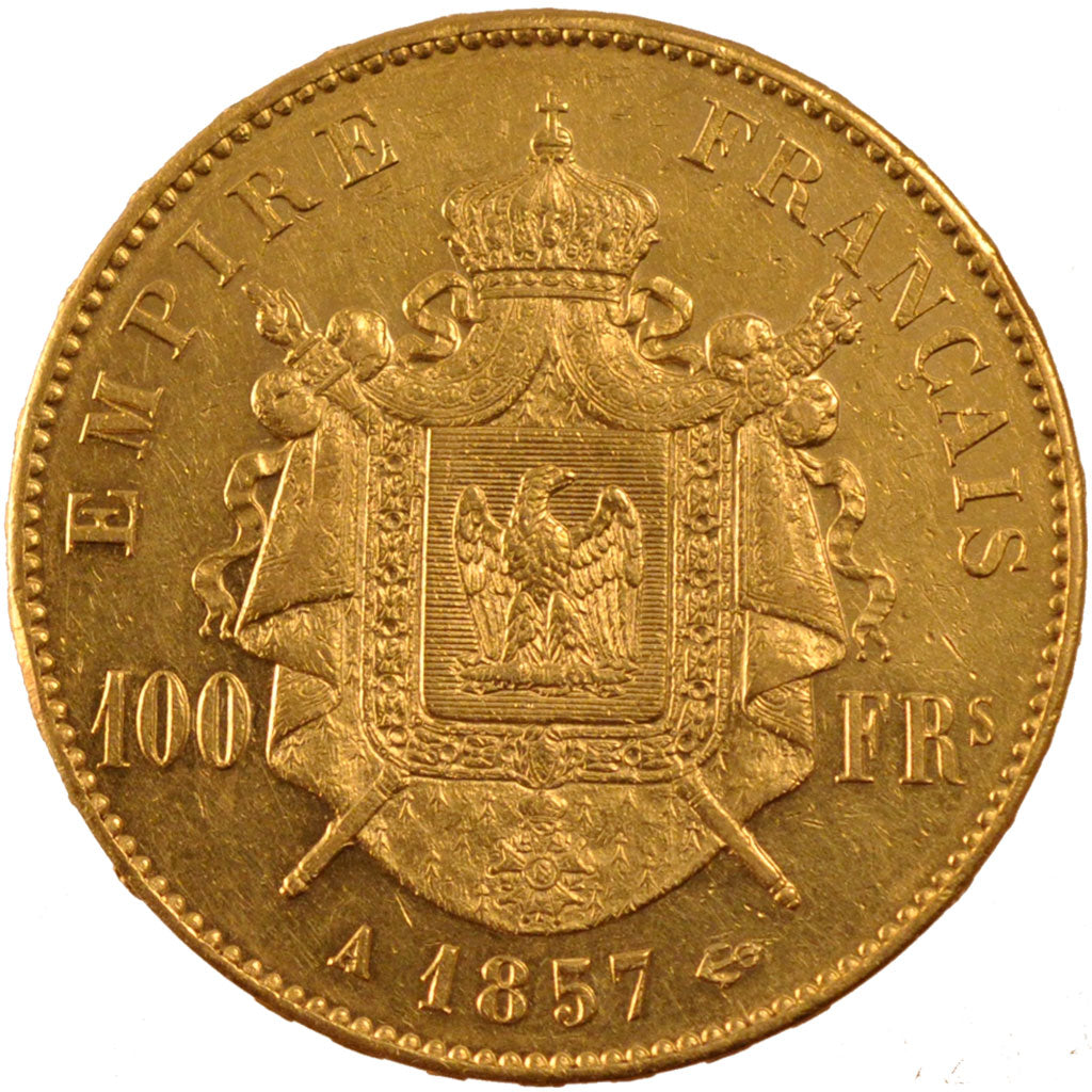 FRANCE, Napoléon III, 100 Francs, 1857, Paris, KM #786.1, AU(55-58), Gold, G...