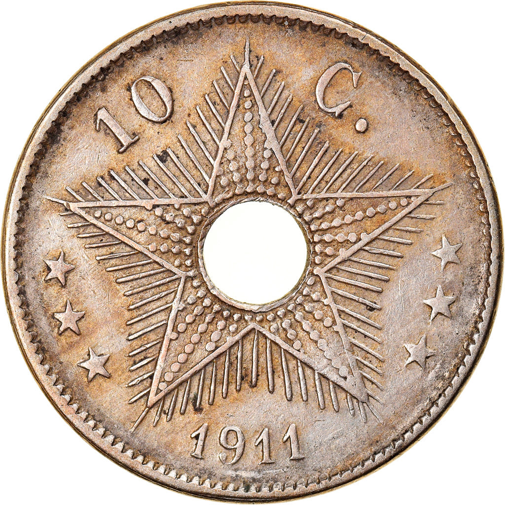 Coin, Belgian Congo, 10 Centimes, 1911, Heaton, EF(40-45), Copper-nickel, KM:18