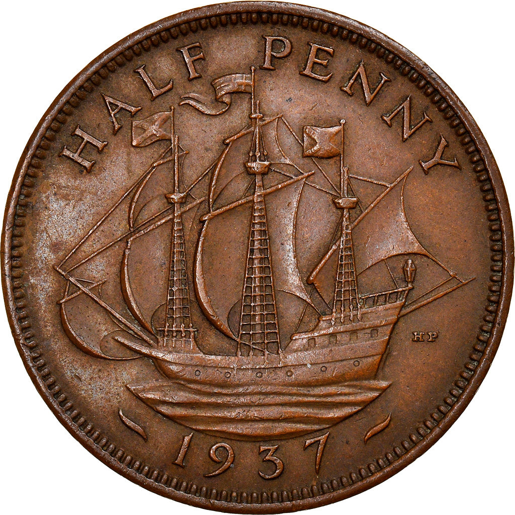 Moneta, Gran Bretagna, George VI, 1/2 Penny, 1937, BB+, Bronzo, KM:844