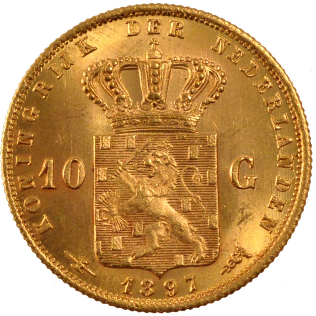 NETHERLANDS, 10 Gulden, 1897, Utrecht, KM #118, MS(60-62), Gold, 22.5, 6.73