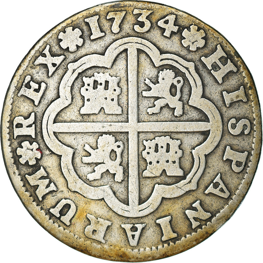 Coin, Spain, Philip V, 2 Reales, 1734, Seville, VF(20-25), Silver, KM:355