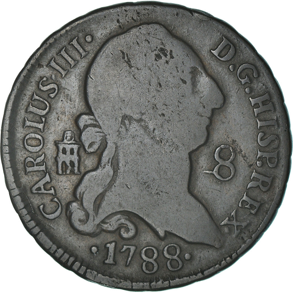 Moneta, Spagna, Charles III, 8 Maravedis, 1788, Segovia, MB, Rame, KM:408.2