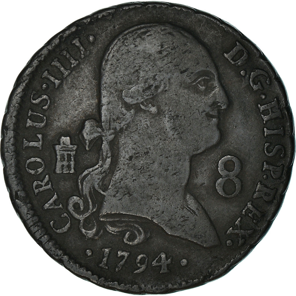 Moneda, España, Charles IV, 8 Maravedis, 1794, Segovia, BC, Cobre, KM:428