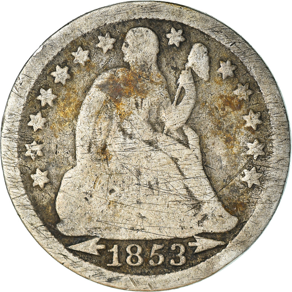 Coin, United States, Seated Liberty Dime, Dime, 1853, U.S. Mint, Philadelphia
