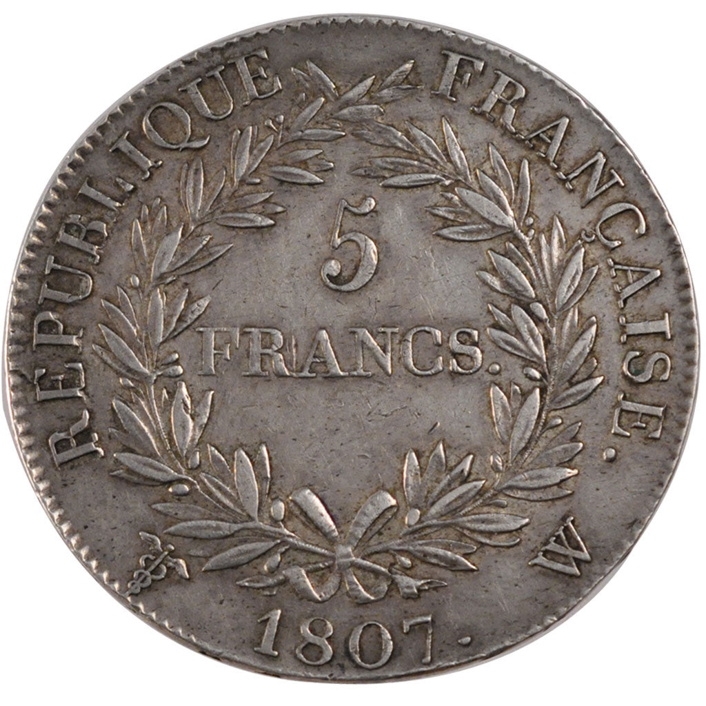 FRANCE, Napoléon I, 5 Francs, 1807, Lille, KM #673.13, AU(50-53), Silver, Gadour