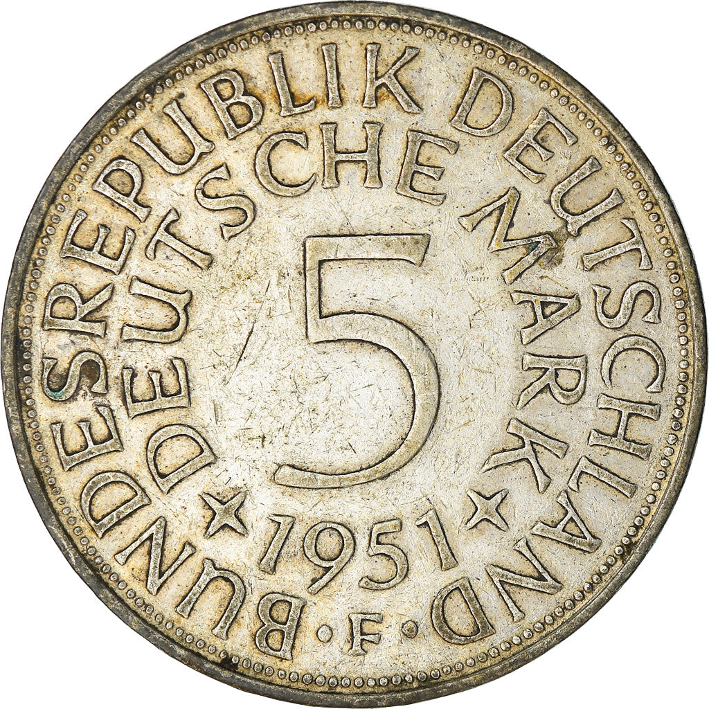 Coin, GERMANY - FEDERAL REPUBLIC, 5 Mark, 1951, Stuttgart, EF(40-45), Silver