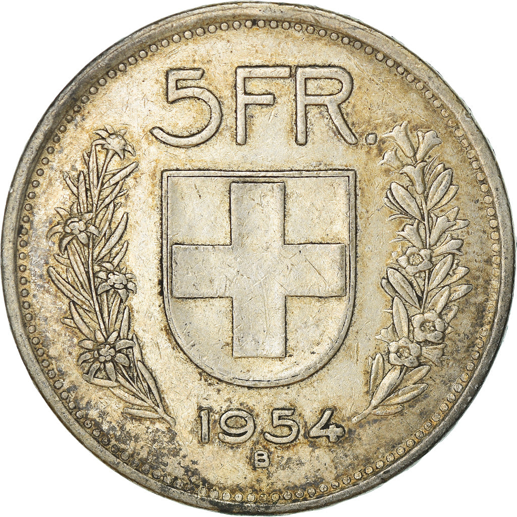 Coin, Switzerland, 5 Francs, 1954, Bern, EF(40-45), Silver, KM:40