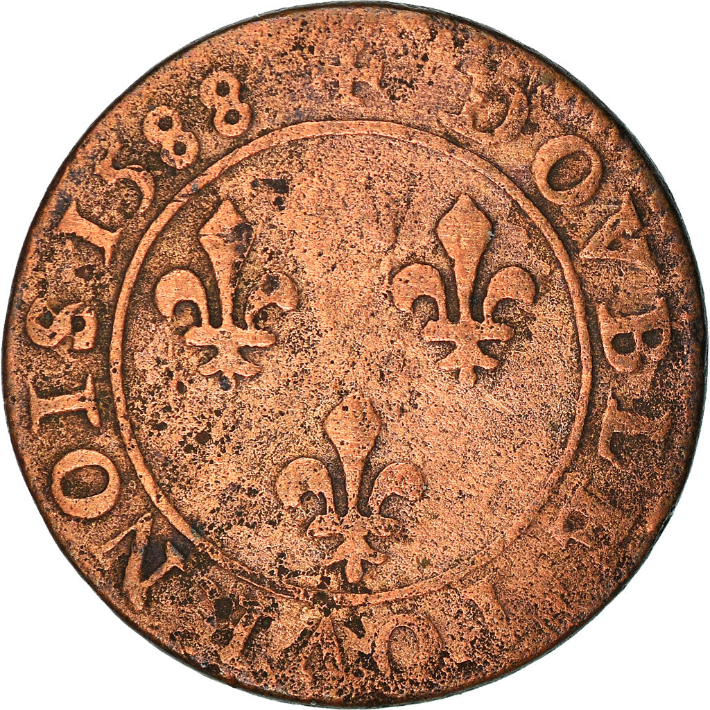 Coin, FRENCH STATES, Henry III, Double Tournois, 1588, Paris, VF(20-25), Copper