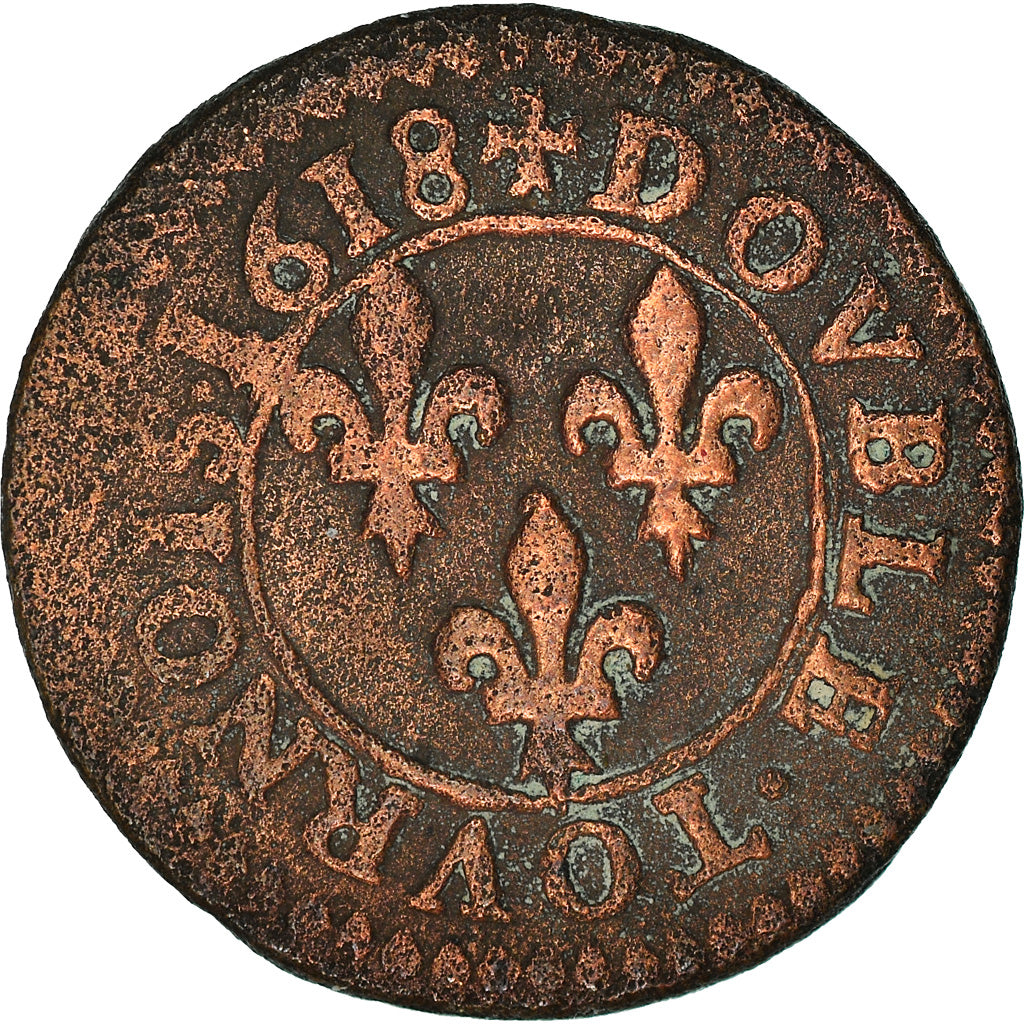 Moneta, Francia, Louis XIII, Double Tournois, 1618, Lyon, « petite effigie »