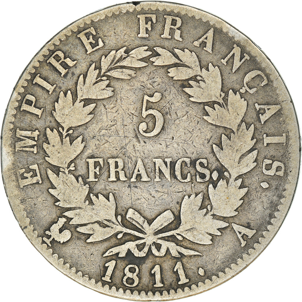 Moeda, França, Napoléon I, 5 Francs, 1811, Paris, F(12-15), Prata, KM:694.1