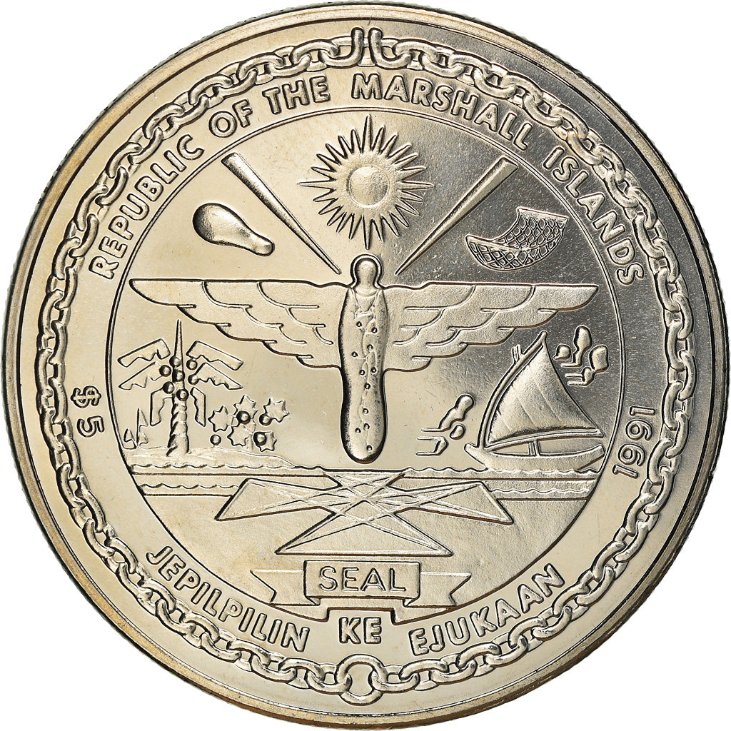Moneda, Islas Marshall, 5 Dollars, 1991, SC, Cobre - níquel, KM:40