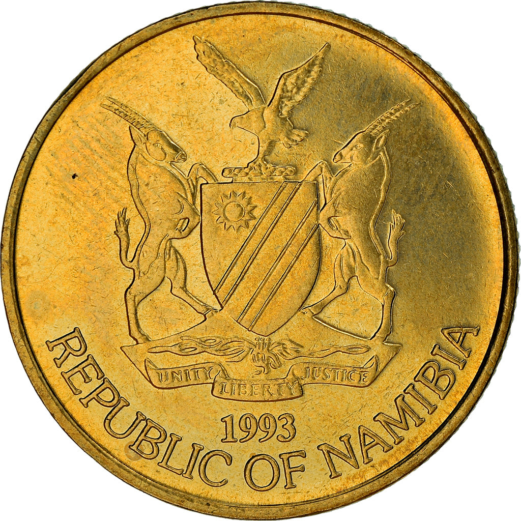 Coin, Namibia, 5 Dollars, 1993, MS(63), Brass, KM:5
