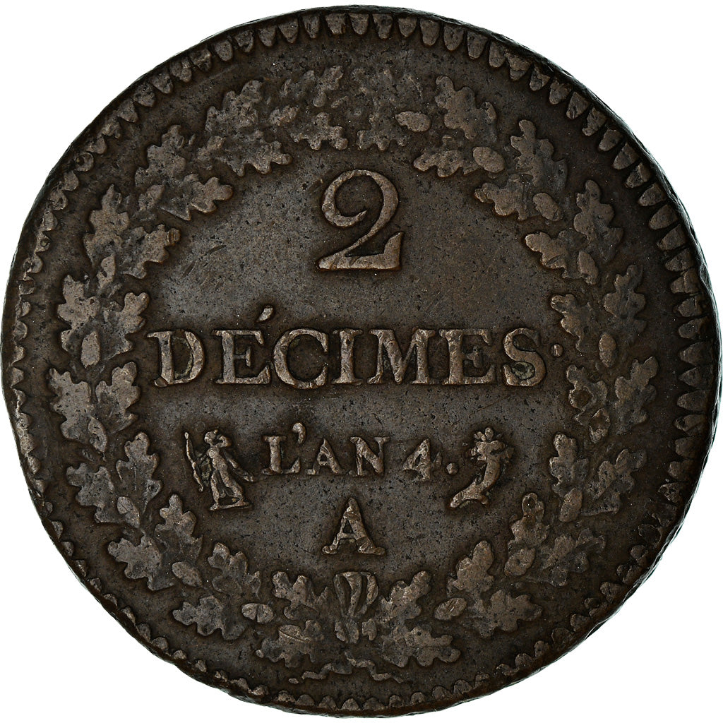 Moneta, Francia, 2 Décimes, AN 4, Paris, Dupré, BB, Bronzo, KM:638.1