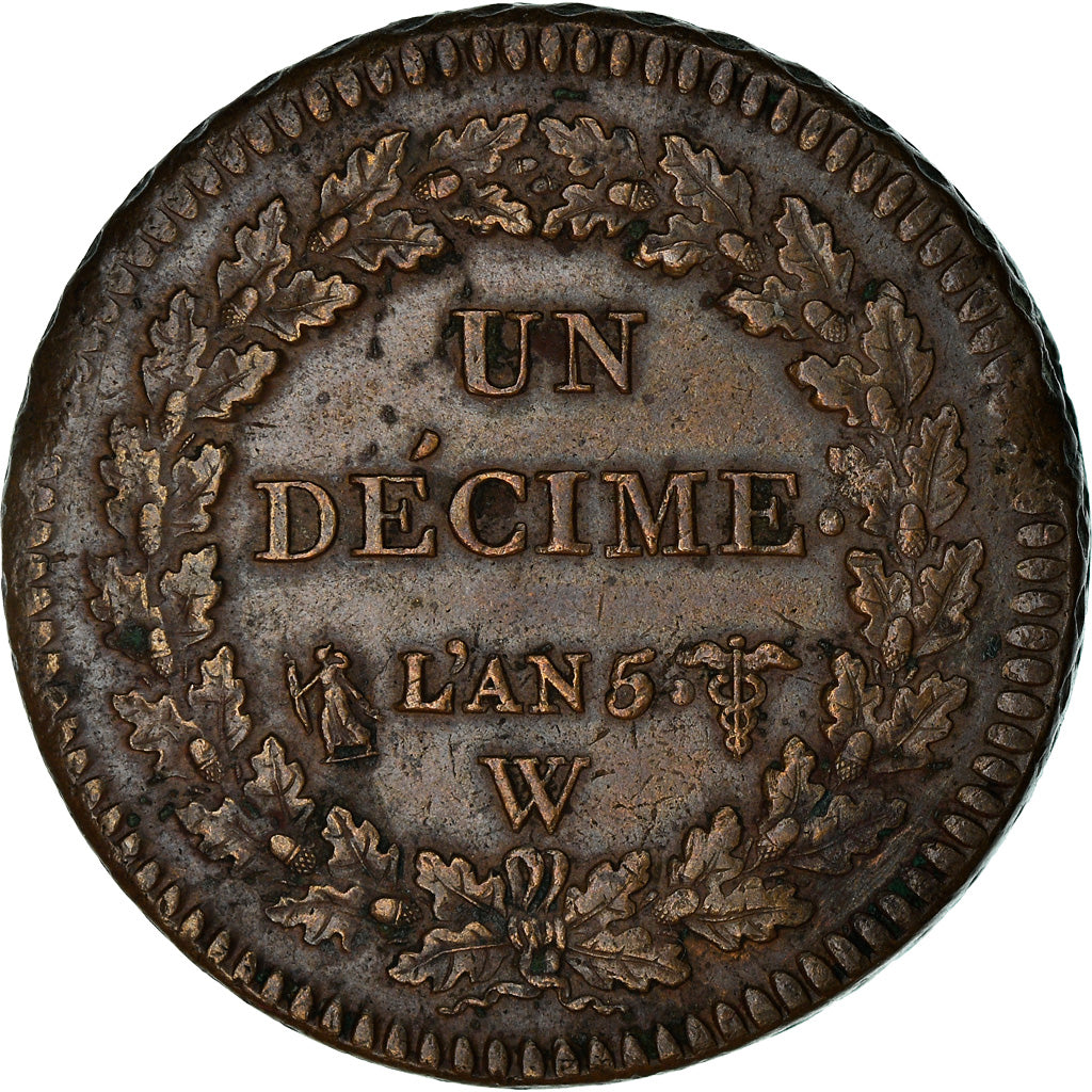 Moeda, França, Directoire, Decime, AN 5, Lille, Dupré, AU(50-53), Bronze