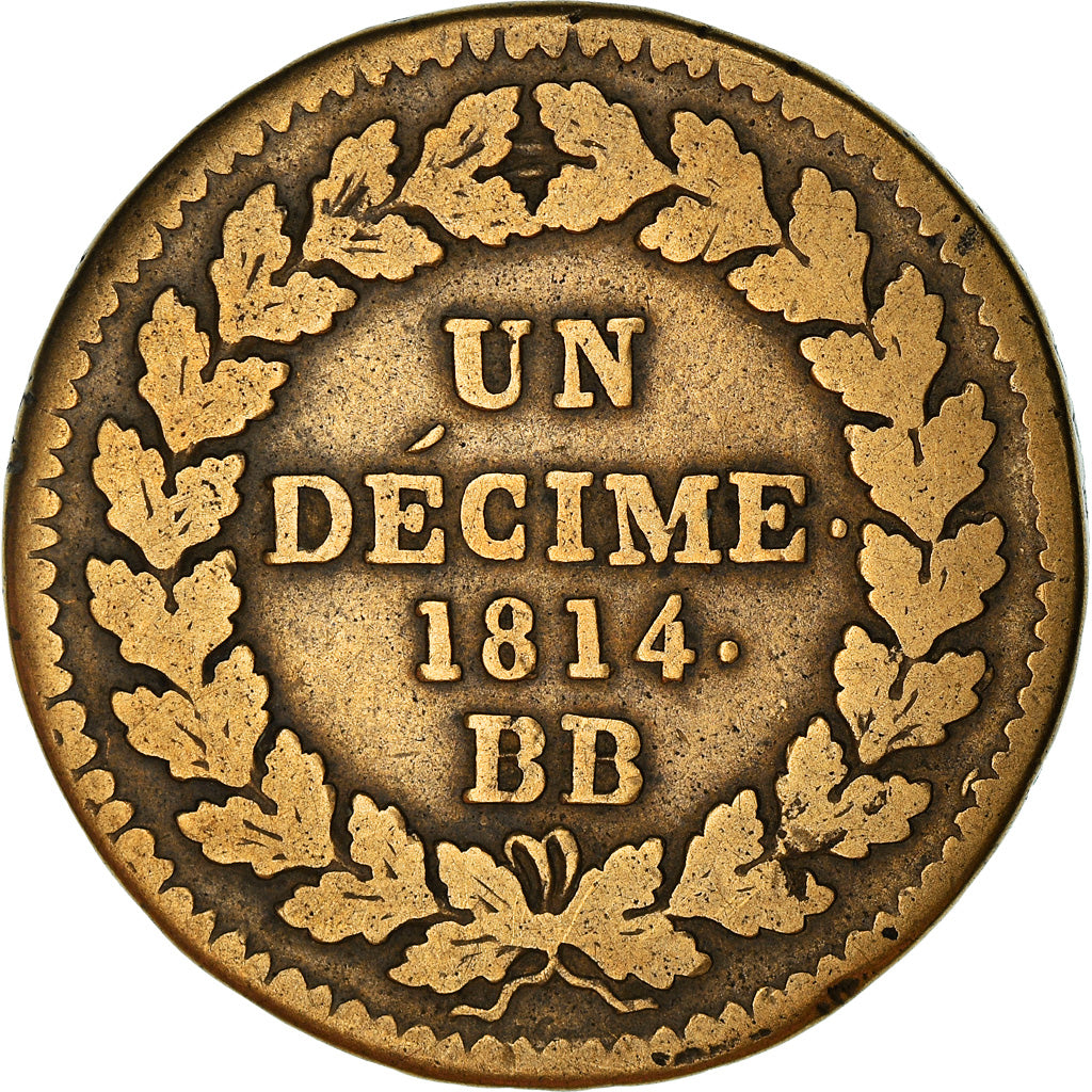 Münze, Frankreich, Louis XVIII, Blocus, Decime, 1814, Strasbourg, SGE+, Bronze