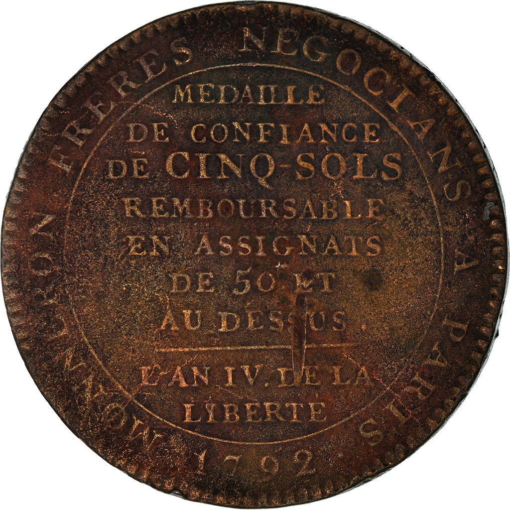 Moneda, Francia, Monneron au Serment, 5 Sols, 1792, Birmingham, BC, Bronce