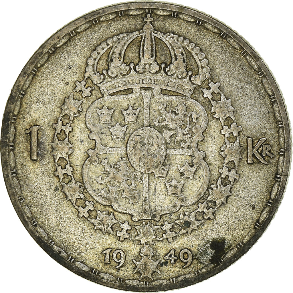 Coin, Sweden, Gustaf V, 1 Krona, 1949, VF(30-35), Silver, KM:814