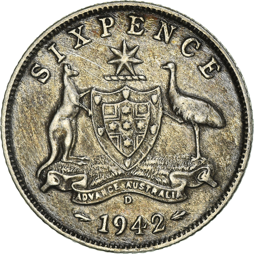 Moneda, Australia, George VI, 6 Pence, 1942, Denver, MBC, Plata, KM:38