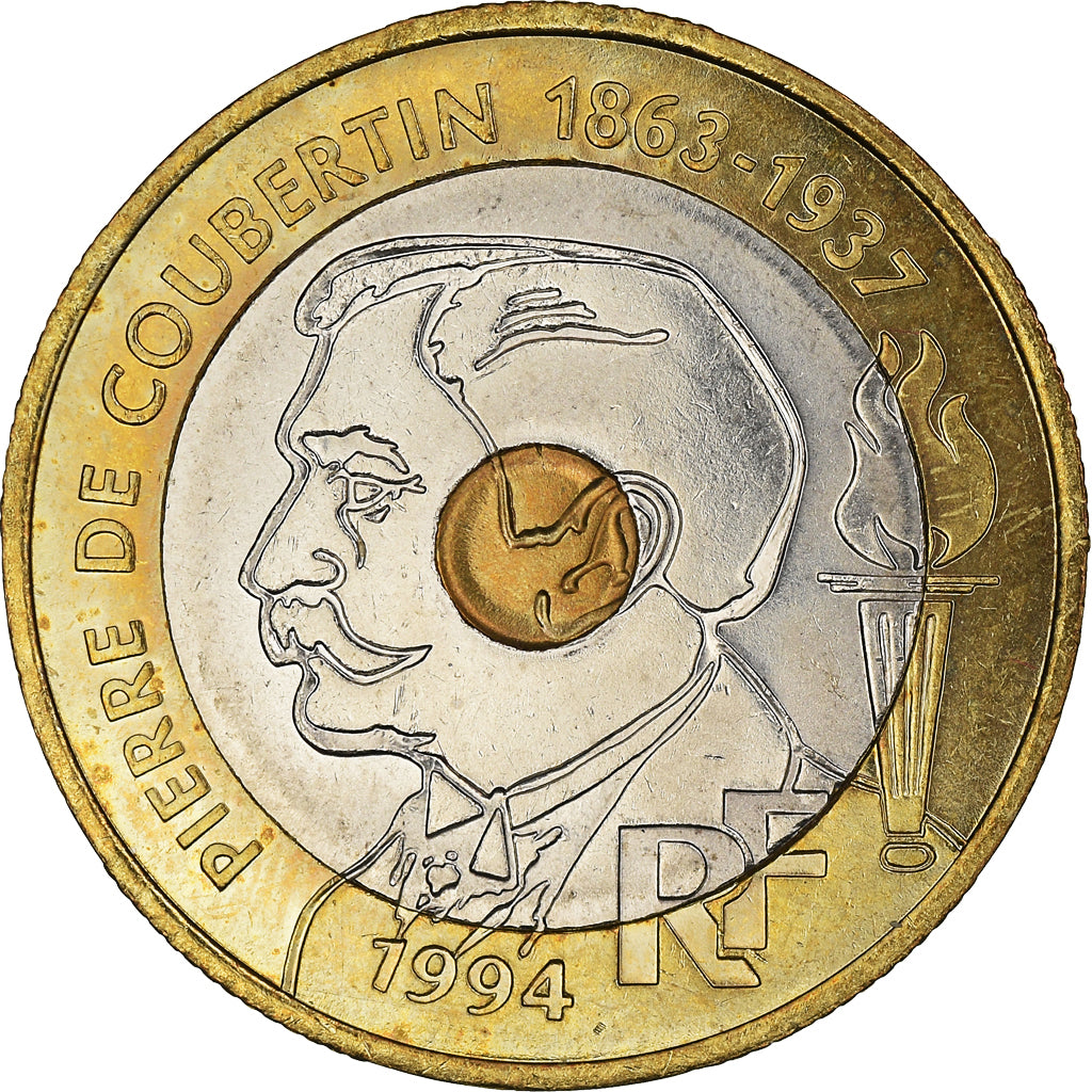 Coin, France, Pierre de Coubertin, 20 Francs, 1994, Paris, MS(63), Tri-Metallic