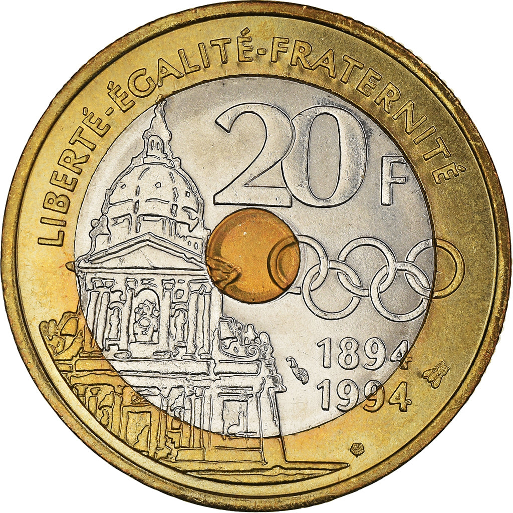 Coin, France, Pierre de Coubertin, 20 Francs, 1994, Paris, MS(63), Tri-Metallic