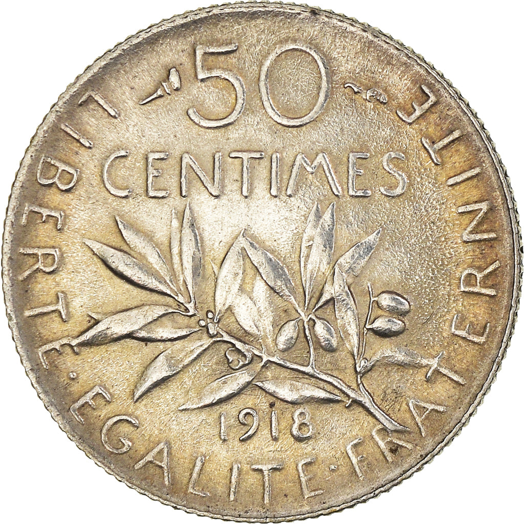 Coin, France, Semeuse, 50 Centimes, 1918, Paris, AU(50-53), Silver, KM:854