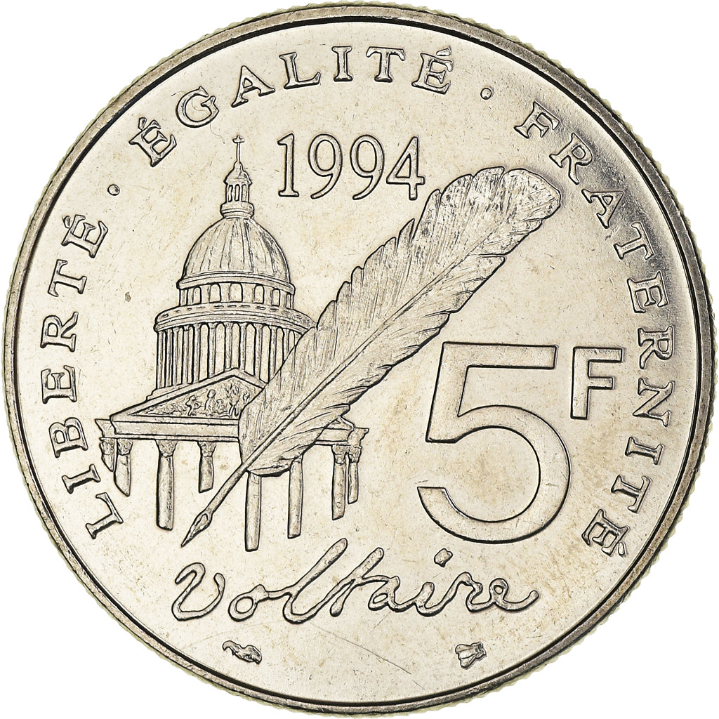 Coin, France, Voltaire, 5 Francs, 1994, Paris, AU(55-58), Nickel, KM:1063