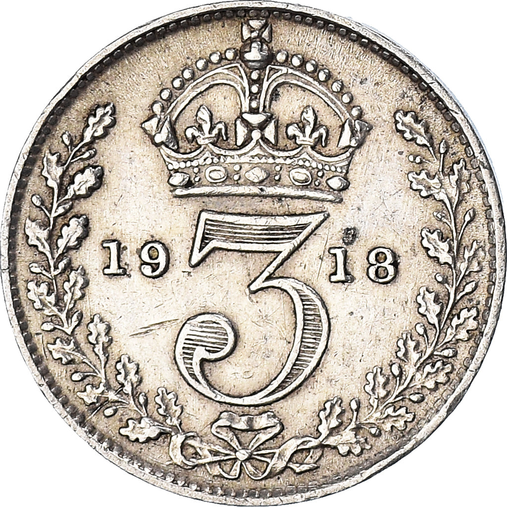 Moneda, Gran Bretaña, George V, 3 Pence, 1918, British Royal Mint, BC+, Plata