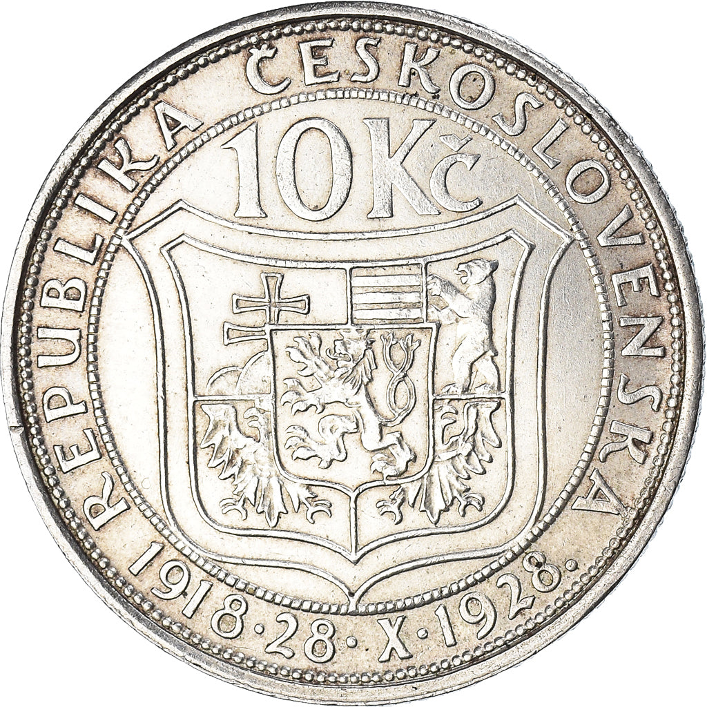 Coin, Czechoslovakia, 10 Korun, 1928, Kremnica, AU(50-53), Silver, KM:12