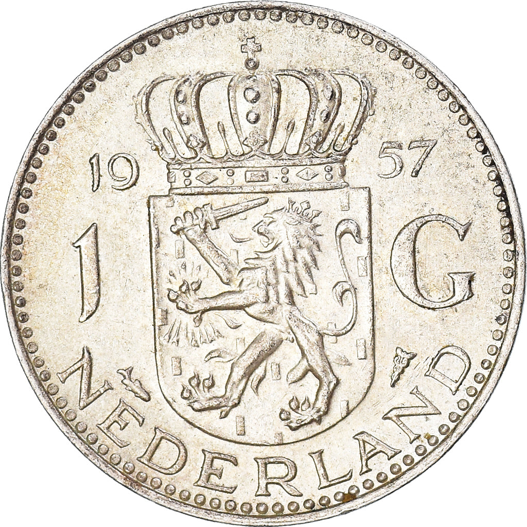 Coin, Netherlands, Juliana, Gulden, 1957, Utrecht, AU(55-58), Silver, KM:184