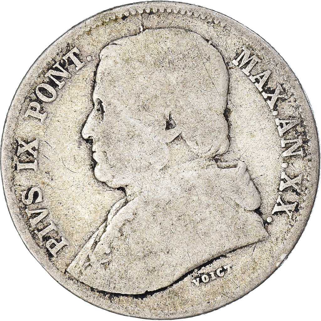 Moeda, ESTADOS ITALIANOS, Vatican Papal States, Pius IX, 20 Baiocchi, 1866