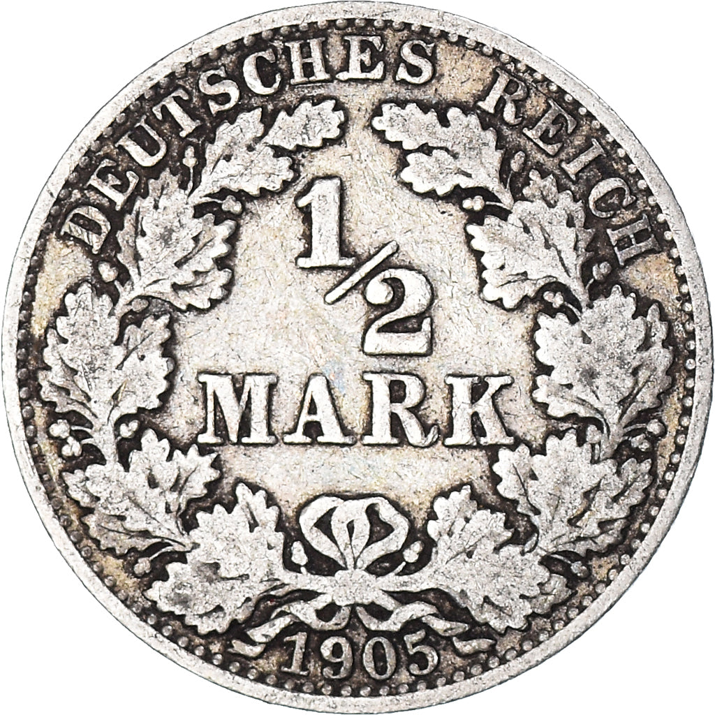 Coin, Germany, Empire., 1/2 Mark, 1905, Berlin, VF(30-35), Silver, KM:17