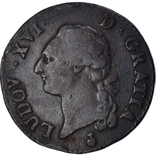 Moneta, Francia, Louis XVI, "à l'écu", Sol, 1785, Metz, B+, Rame, KM:578.2
