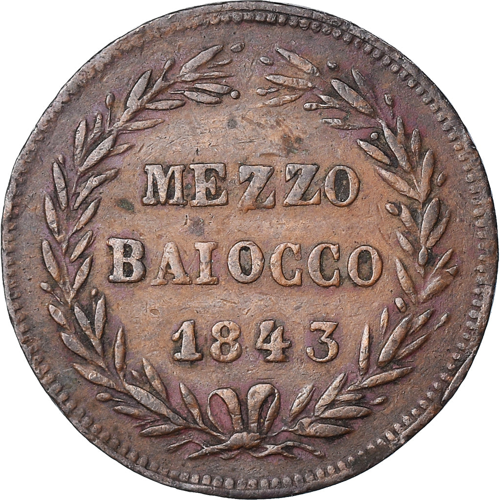 Monnaie, Vatican, Gregory XVI, Mezzo Baiocco (1/2), 1843, Roma, TTB, Cuivre