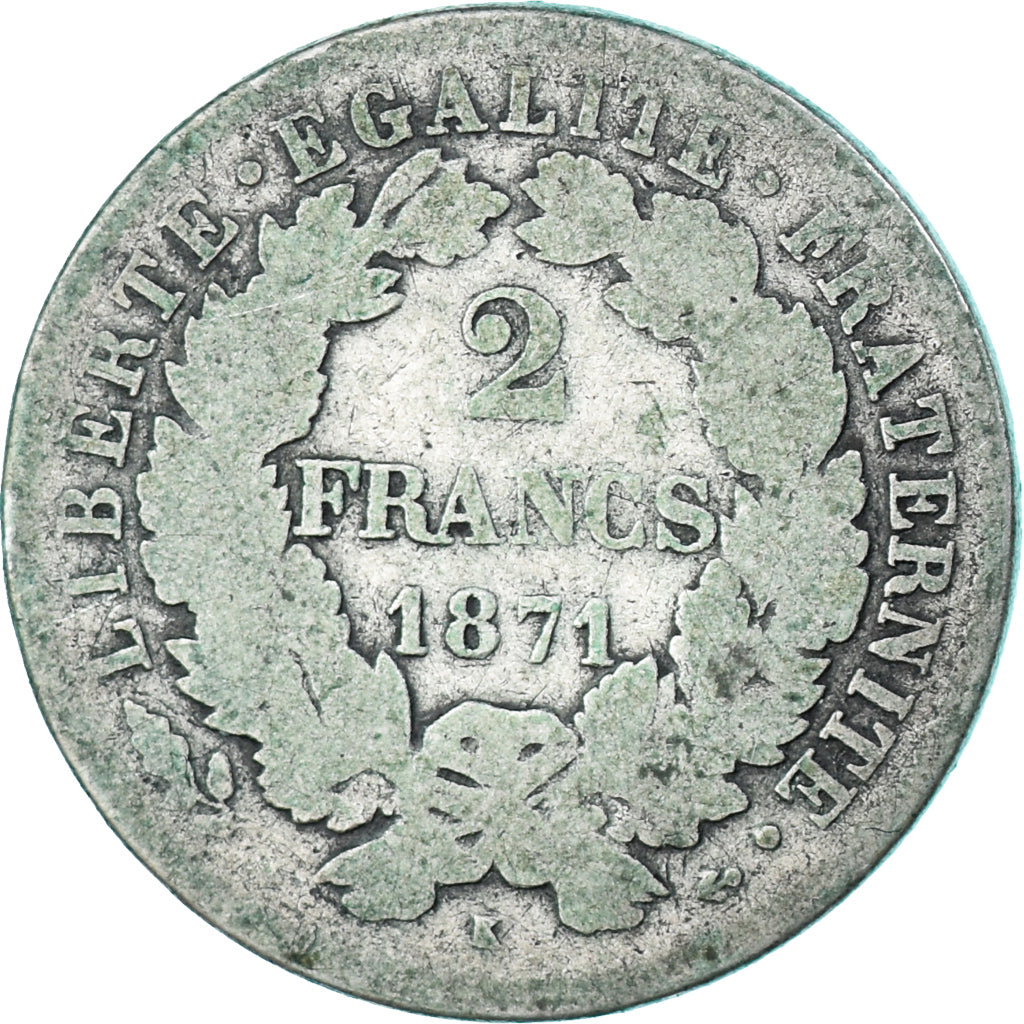 Moneta, Francia, Cérès, 2 Francs, 1871, Bordeaux, B, Argento, KM:817.2