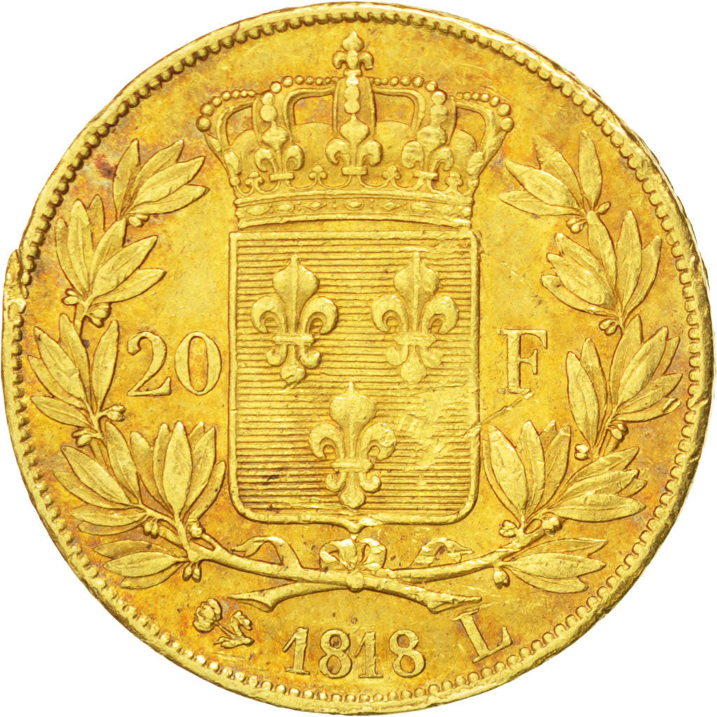 FRANCE, Louis XVIII, 20 Francs, 1818, Bayonne, KM #712.5, AU(50-53), Gold,...