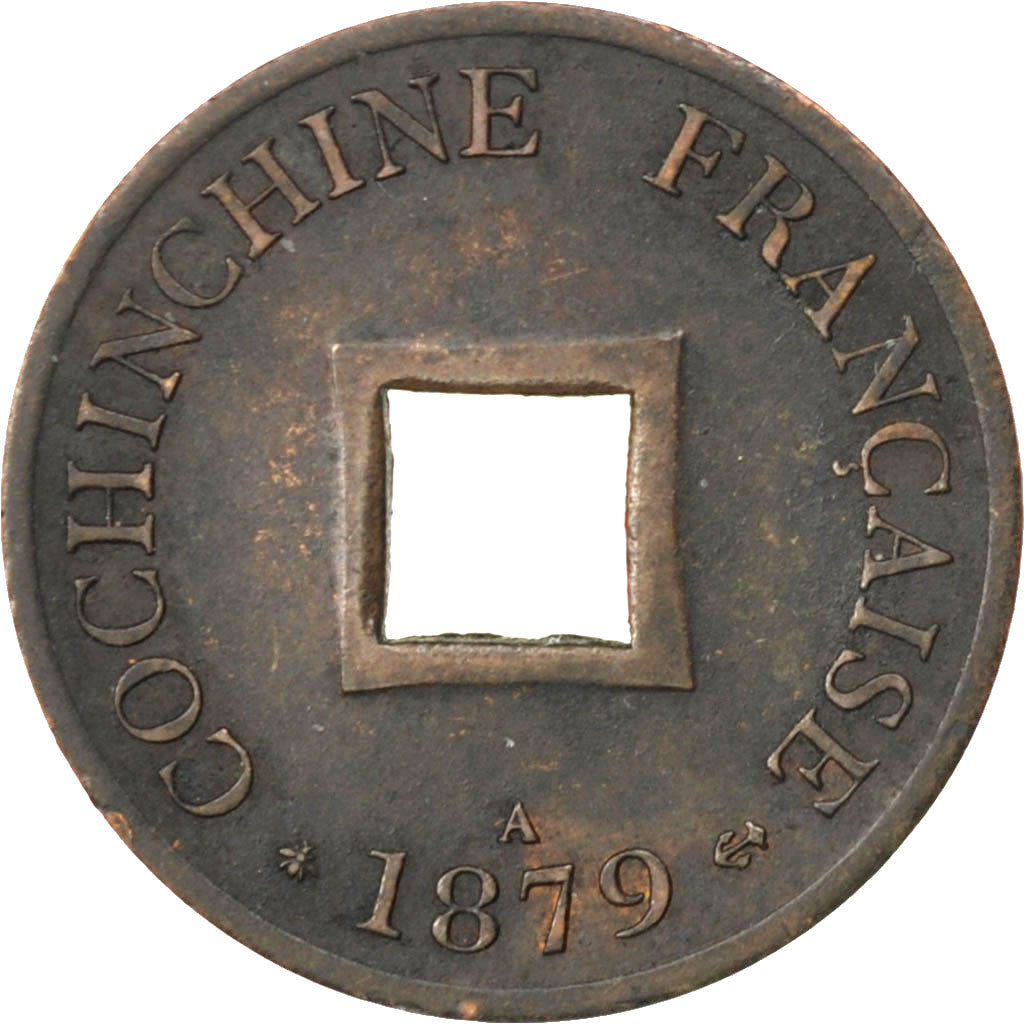 FRENCH COCHIN CHINA, 2 Sapeque, 1879, Paris, KM #2, AU(55-58), Bronze, 20,...