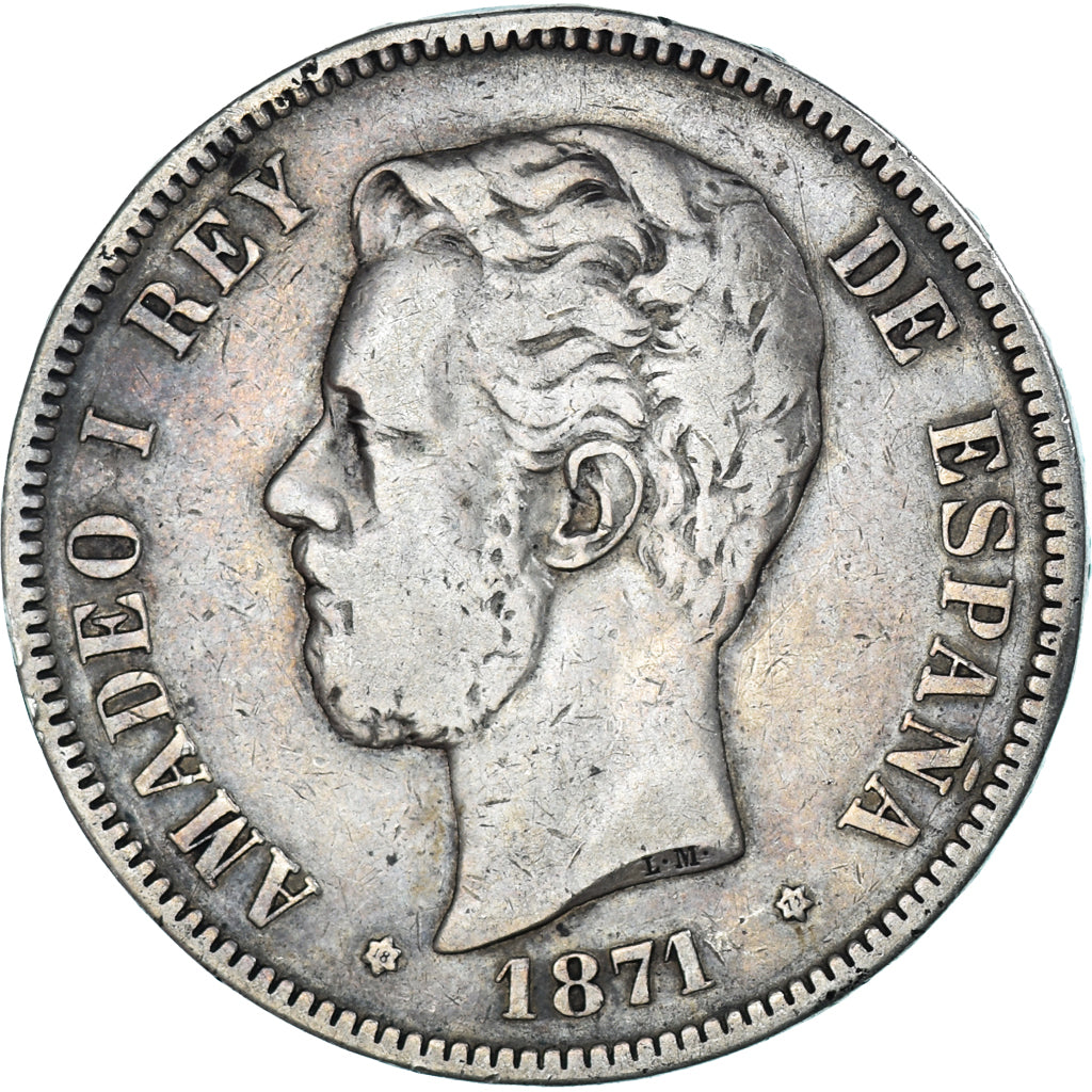 Moneta, Spagna, Amadeao I, 5 Pesetas, 1871, Madrid, MB+, Argento, KM:666
