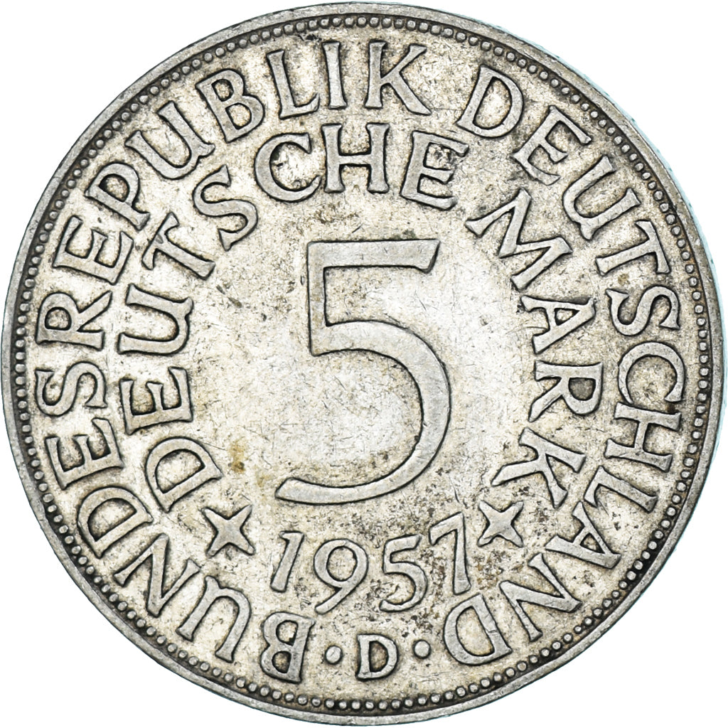 Moneta, GERMANIA - REPUBBLICA FEDERALE, 5 Mark, 1957, Munich, BB, Argento