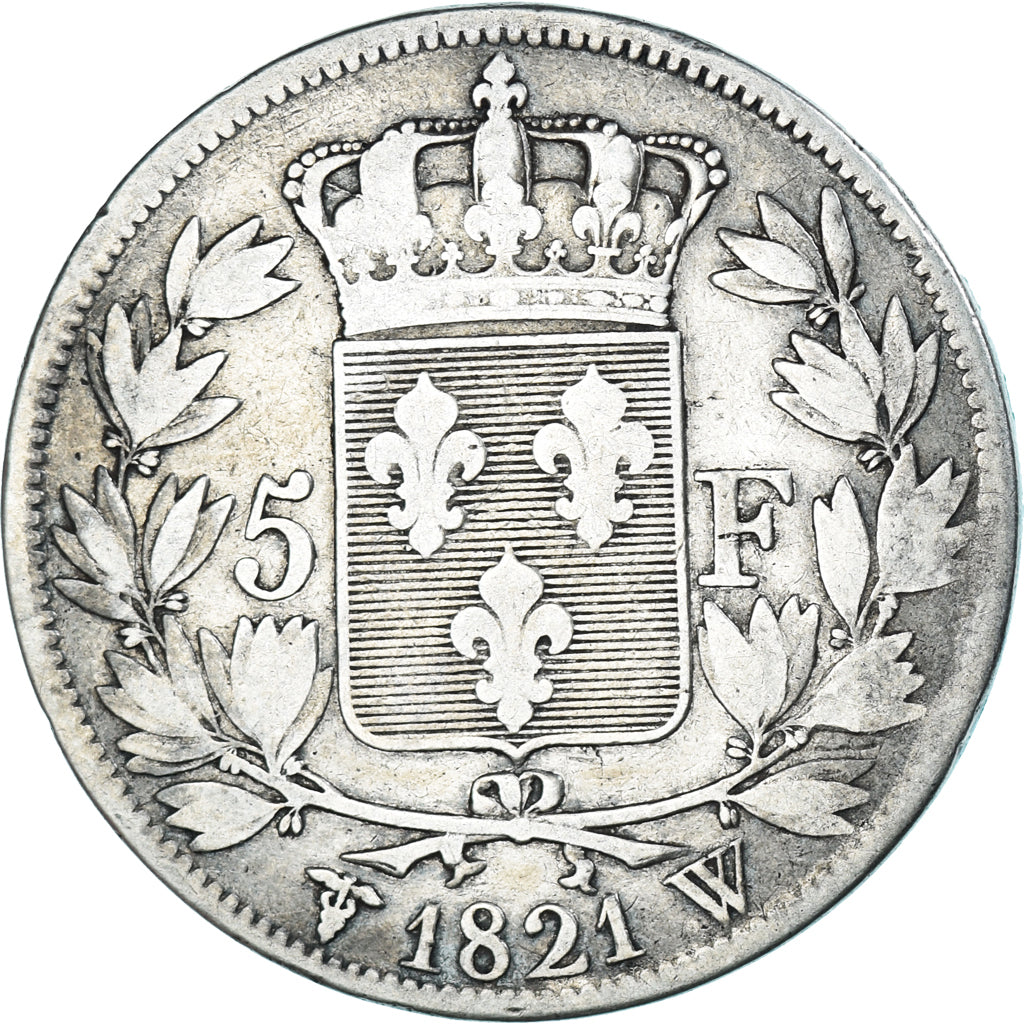 Moeda, França, Louis XVIII, 5 Francs, 1821, Lille, VF(20-25), Prata, KM:711.13