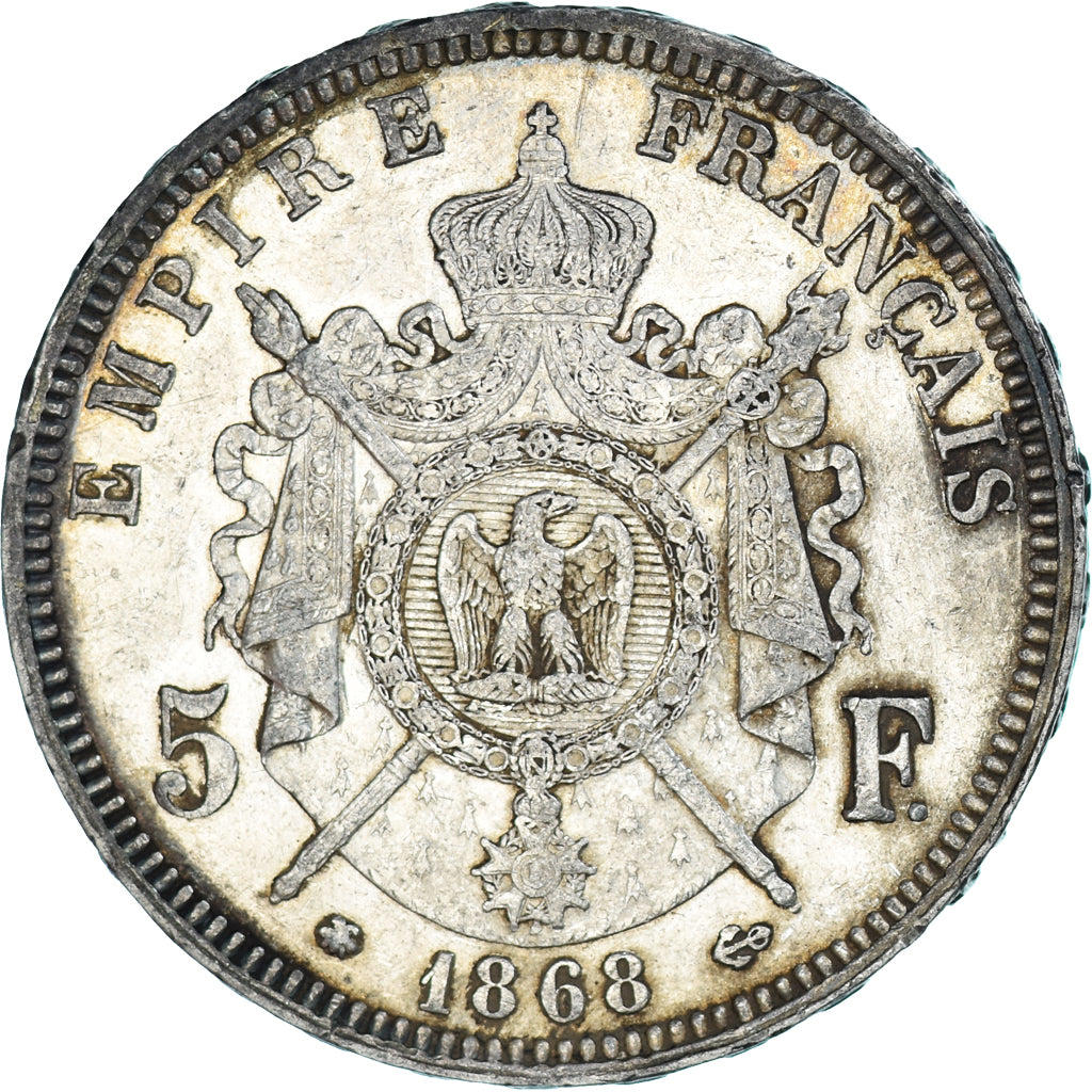 Moneta, Francia, Napoleon III, 5 Francs, 1868, Paris, MB+, Argento, KM:799.1